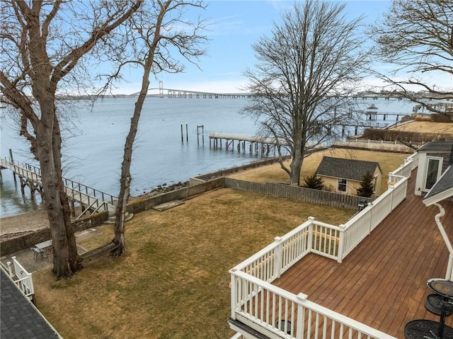 view of yard with a fenced backyard and a water view