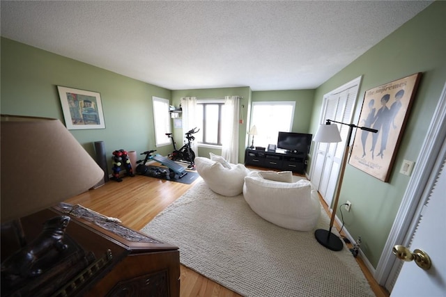 living room featuring a textured ceiling and wood finished floors