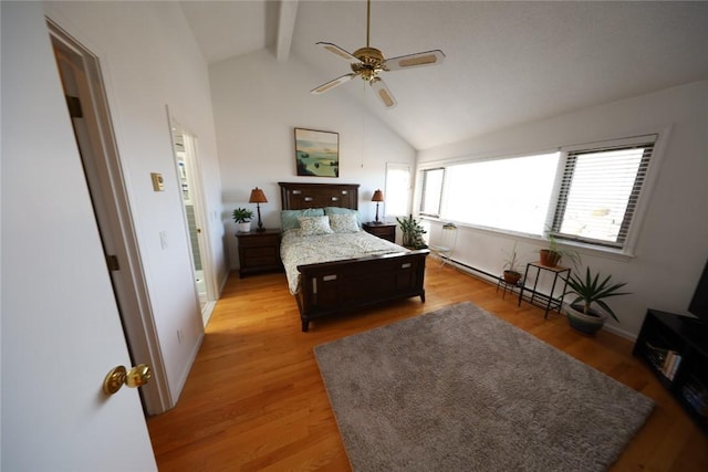 bedroom with baseboards, light wood-style floors, ceiling fan, and vaulted ceiling with beams