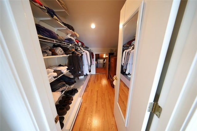 walk in closet with lofted ceiling and light wood-style floors