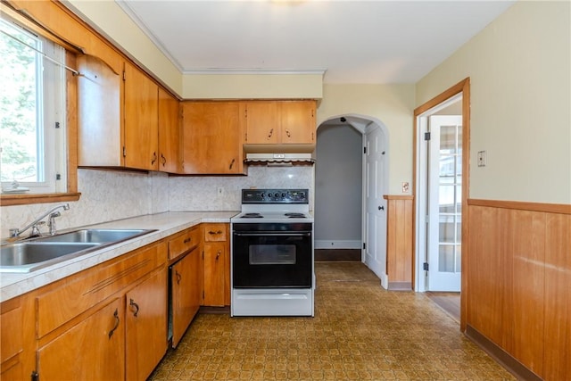 kitchen with under cabinet range hood, a wainscoted wall, light countertops, electric stove, and a sink