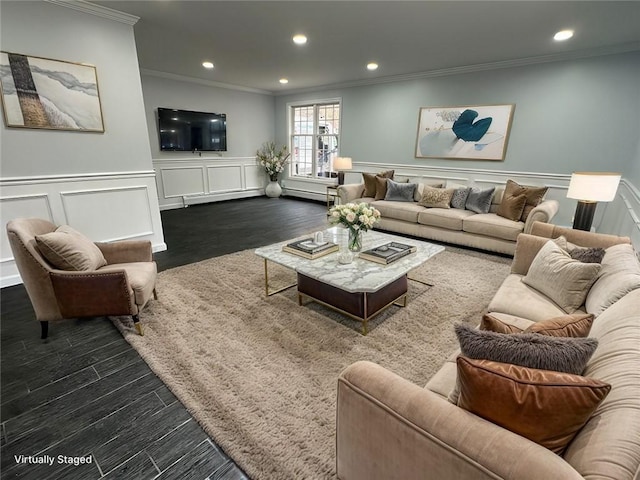 living room with recessed lighting, dark wood finished floors, and crown molding