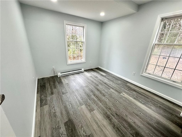 unfurnished room with dark wood finished floors, baseboards, and a baseboard radiator