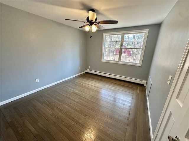 spare room with dark wood finished floors, ceiling fan, baseboards, and a baseboard radiator