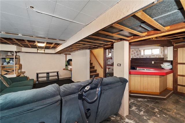 living room with stairs