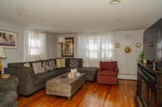 living area featuring baseboard heating and wood finished floors
