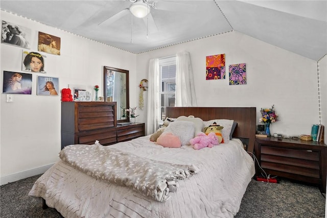 carpeted bedroom with baseboards, lofted ceiling, and ceiling fan