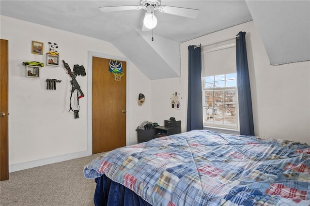 bedroom with baseboards, carpet, and a ceiling fan