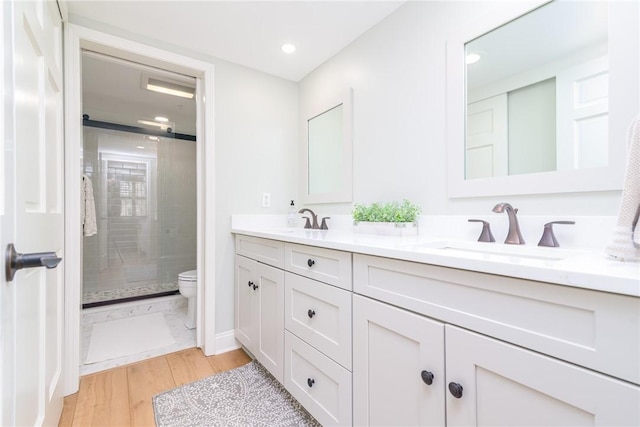 bathroom with toilet, a sink, wood finished floors, a shower stall, and double vanity