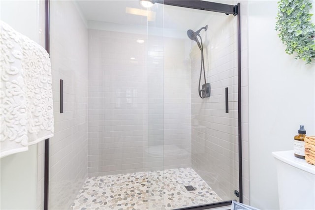 full bathroom with a shower stall and toilet