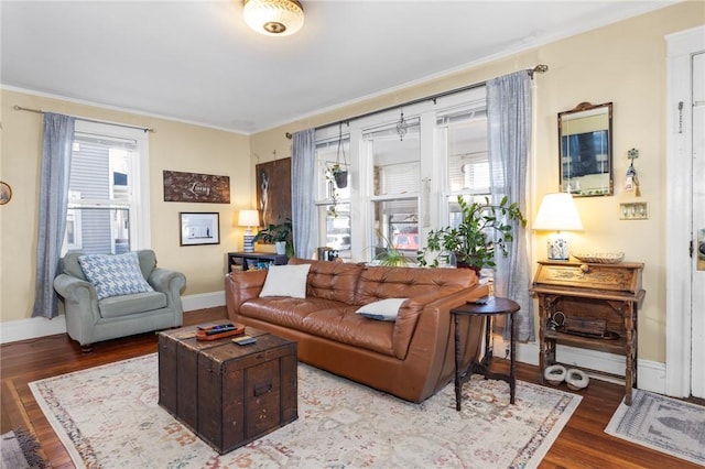 living area featuring wood finished floors, baseboards, and ornamental molding