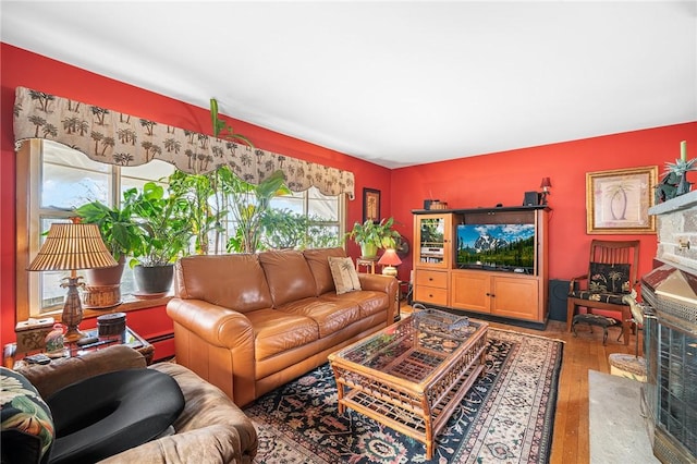 living room with a baseboard radiator, wood finished floors, and a fireplace