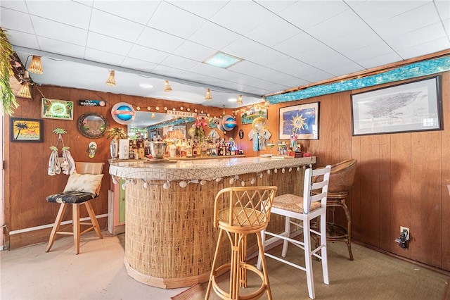 bar with wooden walls and a dry bar