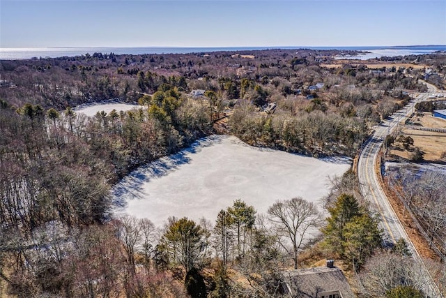 bird's eye view featuring a wooded view