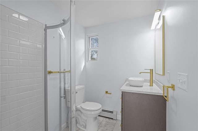 full bath featuring an enclosed shower, toilet, marble finish floor, baseboard heating, and vanity