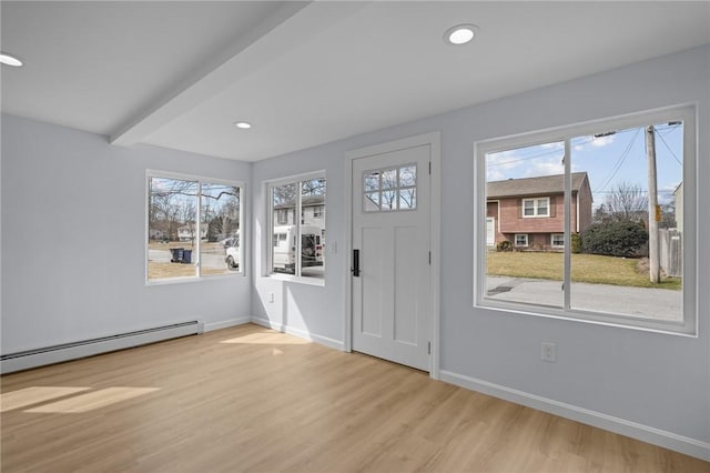 entrance foyer with wood finished floors, baseboards, beam ceiling, recessed lighting, and baseboard heating