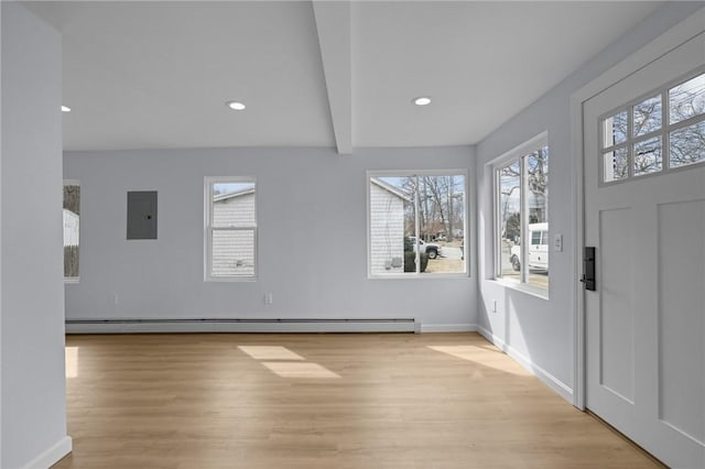 entrance foyer with light wood finished floors, a baseboard radiator, electric panel, plenty of natural light, and beamed ceiling