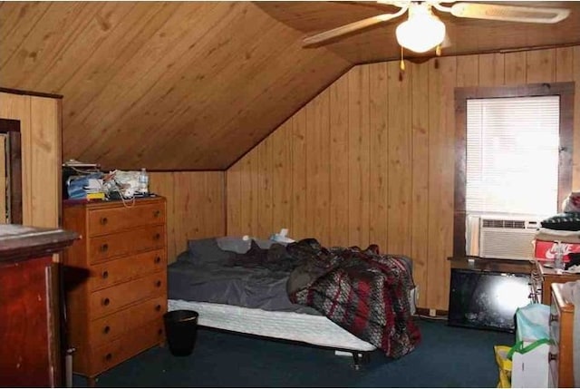 bedroom with wood walls, cooling unit, wood ceiling, and lofted ceiling