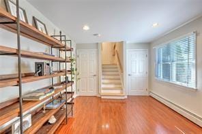 storage area with a baseboard heating unit