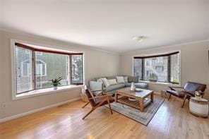 living room with wood finished floors, baseboards, and ornamental molding