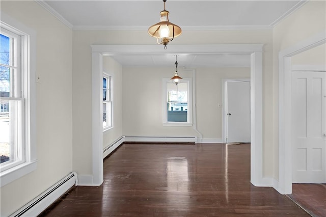 unfurnished dining area with a baseboard heating unit, baseboards, wood finished floors, and a baseboard radiator