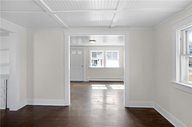 interior space featuring baseboards, baseboard heating, and dark wood-style flooring