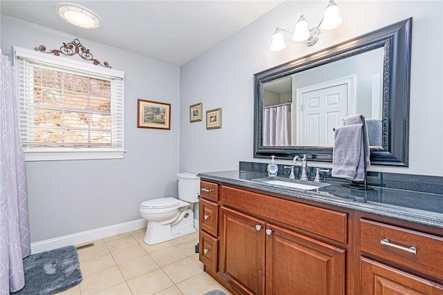 full bath with visible vents, toilet, tile patterned flooring, baseboards, and vanity