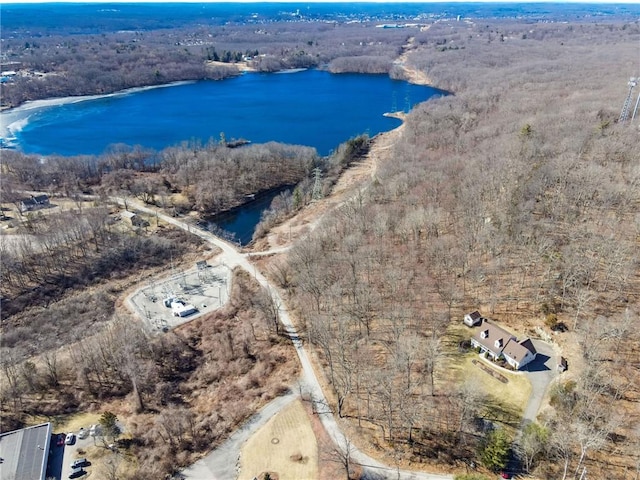 birds eye view of property with a forest view and a water view