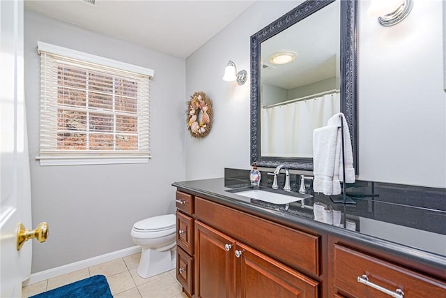 full bath featuring tile patterned flooring, toilet, vanity, and baseboards