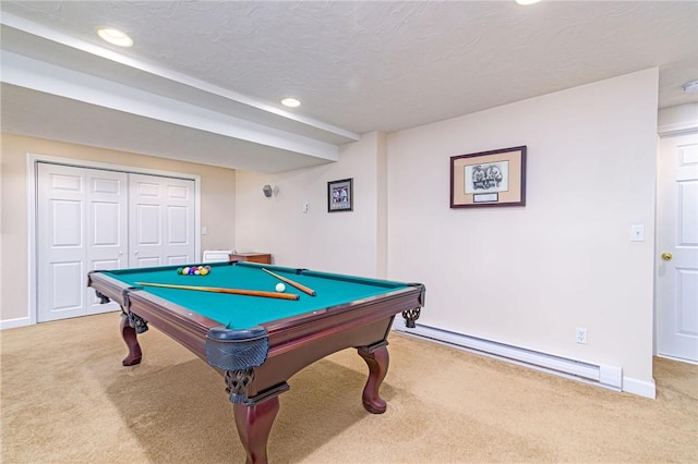 game room with a baseboard radiator, carpet floors, and baseboards