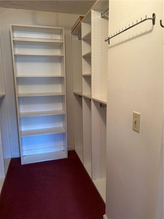 walk in closet with dark carpet