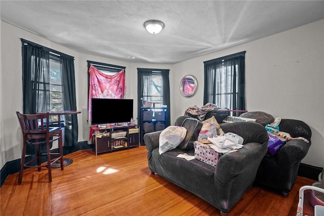 living room featuring wood finished floors, a wealth of natural light, and a textured ceiling