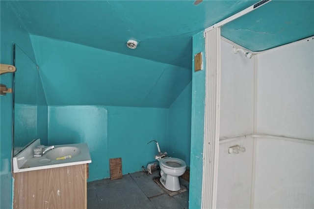 bathroom with toilet, vanity, and vaulted ceiling