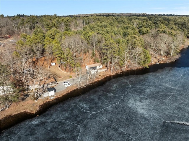 birds eye view of property featuring a wooded view