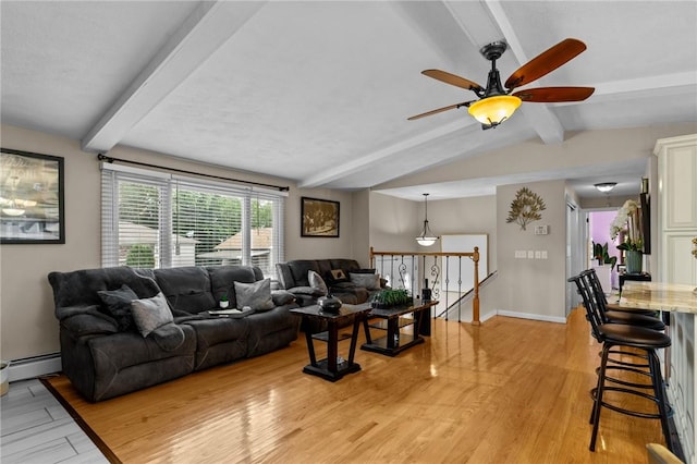 living area with a ceiling fan, lofted ceiling with beams, light wood finished floors, baseboards, and baseboard heating