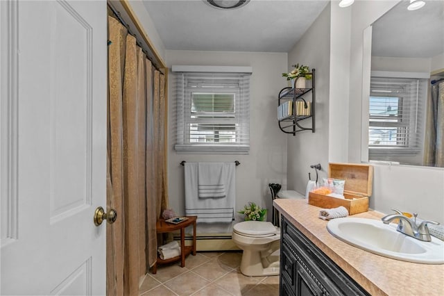 full bath featuring a wealth of natural light, tile patterned flooring, toilet, and a baseboard radiator