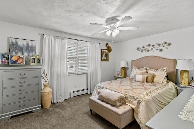 carpeted bedroom with baseboard heating, a textured ceiling, and ceiling fan