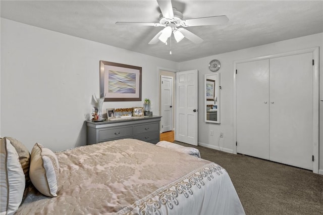 bedroom featuring baseboards, carpet, and ceiling fan