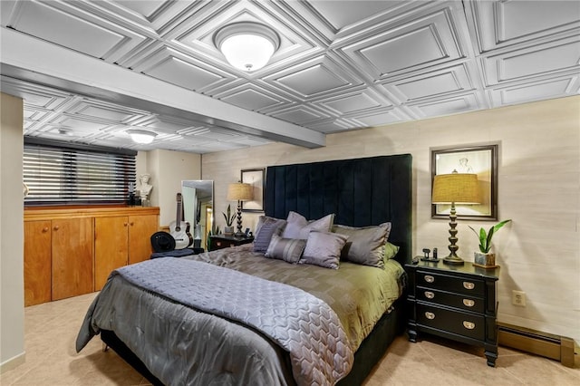 bedroom featuring tile patterned floors, a baseboard radiator, and an ornate ceiling