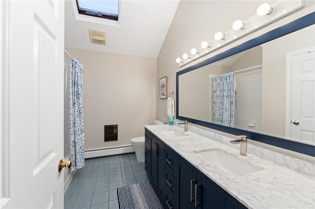 full bathroom featuring a sink, tile patterned floors, lofted ceiling with skylight, and a baseboard radiator