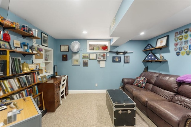 living room featuring visible vents, recessed lighting, baseboards, and carpet