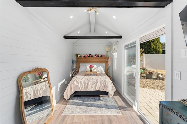 bedroom with lofted ceiling with beams, recessed lighting, and light wood-style floors