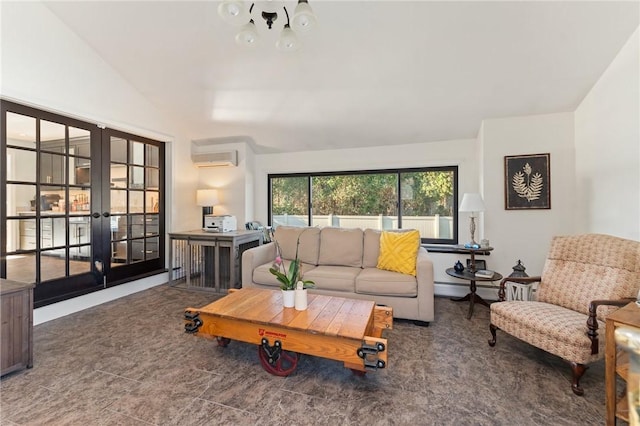 living area featuring french doors, carpet, and a wall mounted AC