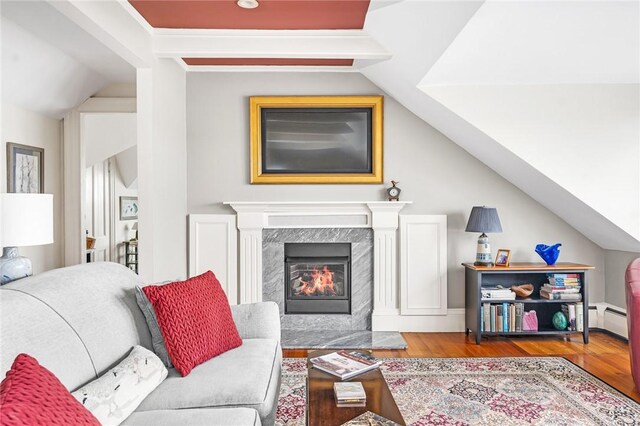 living area with lofted ceiling, a fireplace, wood finished floors, and baseboard heating