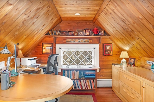 office with wooden ceiling, wooden walls, vaulted ceiling, and wood finished floors