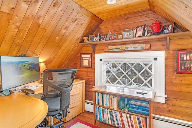 office with wood walls, lofted ceiling, wooden ceiling, baseboard heating, and wood finished floors