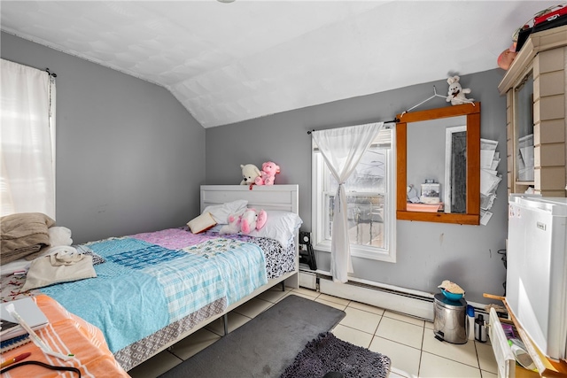 tiled bedroom featuring vaulted ceiling and a baseboard radiator