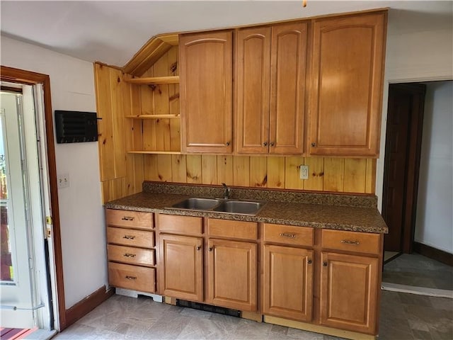 141 Centennial St, Burrillville, RI 02859 - kitchen with a sink, dark countertops, open shelves, and baseboards