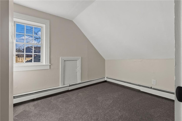 bonus room featuring a baseboard radiator, lofted ceiling, and carpet flooring