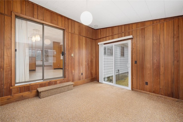 carpeted empty room with wood walls and baseboards